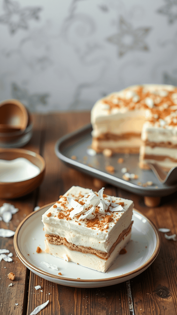 A slice of dairy-free tiramisu on a plate garnished with chocolate shavings and cocoa powder.