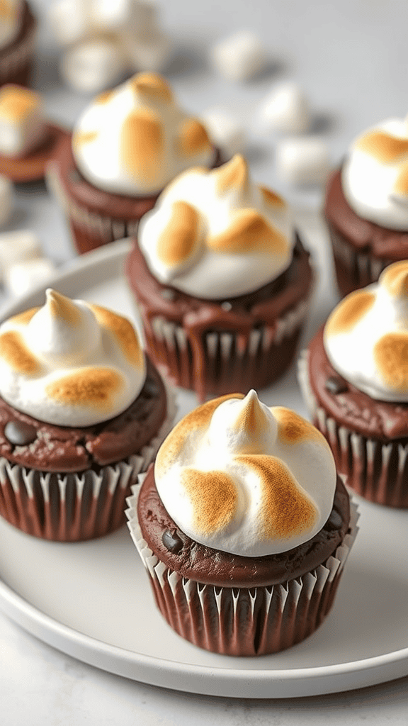 Delicious dark chocolate s'mores cupcakes topped with toasted marshmallow frosting.