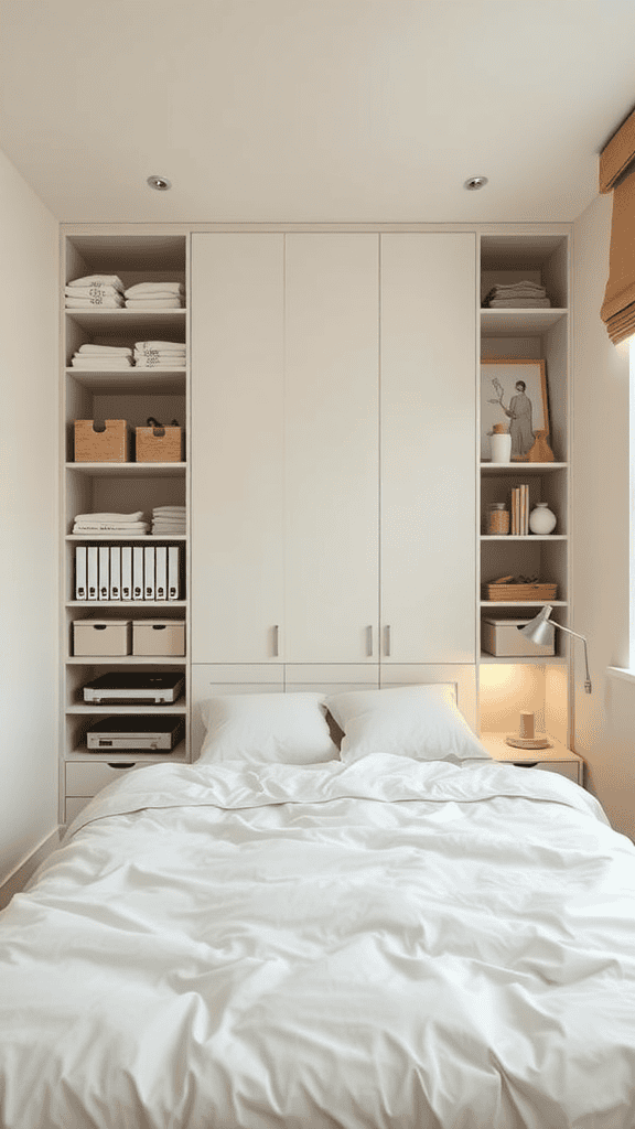A minimalist bedroom with a neatly made bed, organized shelves, and soft lighting.