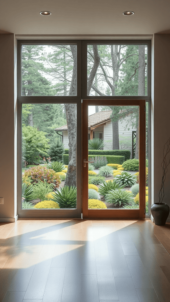 A spacious interior with large glass doors opening to a vibrant garden filled with flowers and shrubs.