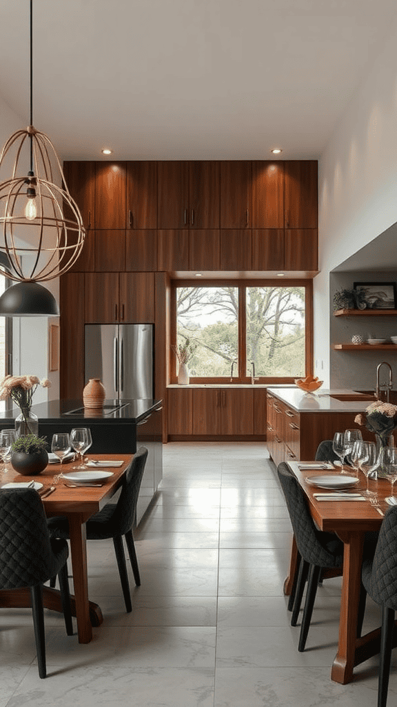 A modern kitchen with wooden cabinets and a dining area featuring a stylish table and chairs, illuminated by a pendant light.