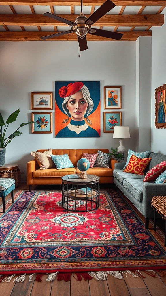 Eclectic living room with vibrant patterns, artwork, and furniture