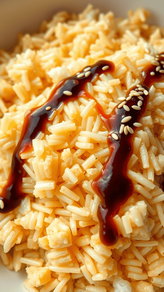 A bowl of egg fried rice drizzled with soy sauce and topped with sesame seeds.