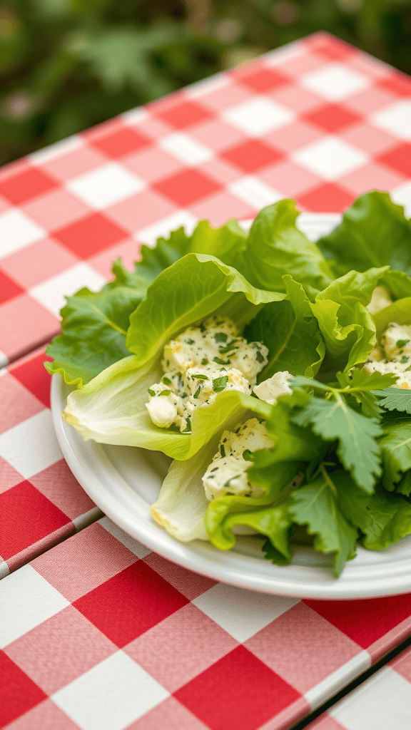 Egg salad lettuce wraps on a plate with herbs, on a red and white checkered tablecloth