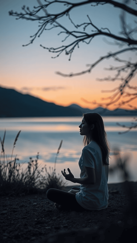 A person meditating by a lake at sunset, embodying peace and mindfulness.