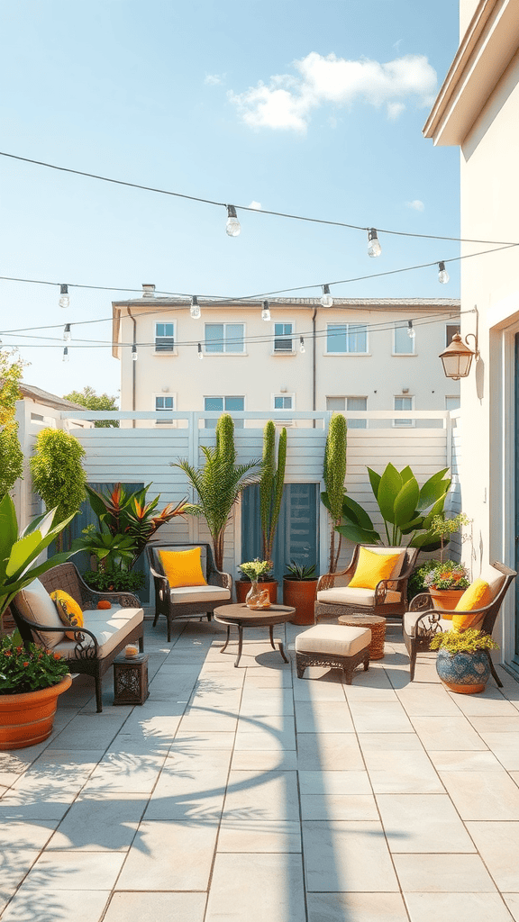 A cozy patio area with comfortable outdoor furniture, including a couch and chairs, surrounded by plants and string lights.
