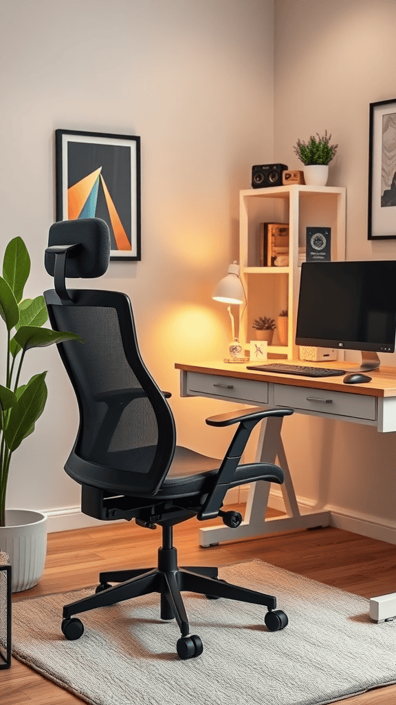 A modern ergonomic office chair in a well-designed home workspace with a desk, lamp, and plants.