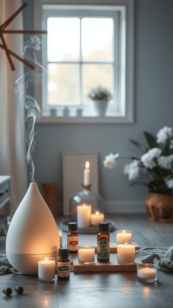A calming aromatherapy setup featuring a white diffuser, essential oil bottles, and candles in a serene room.
