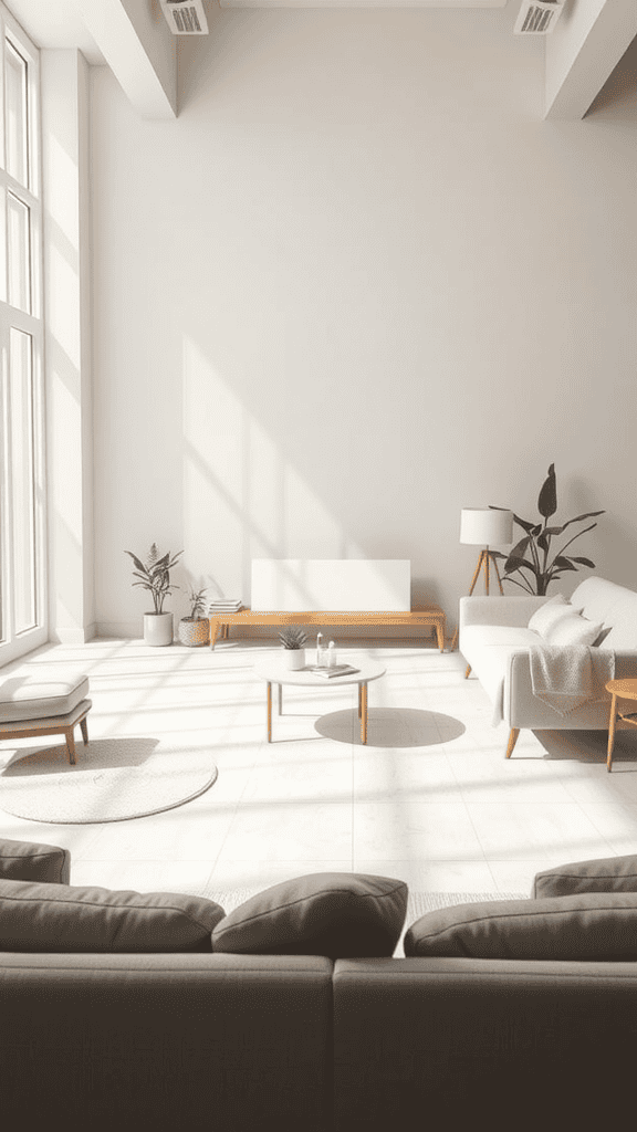 A minimalist living room with large windows, soft couch, and simple furniture creating a serene atmosphere.