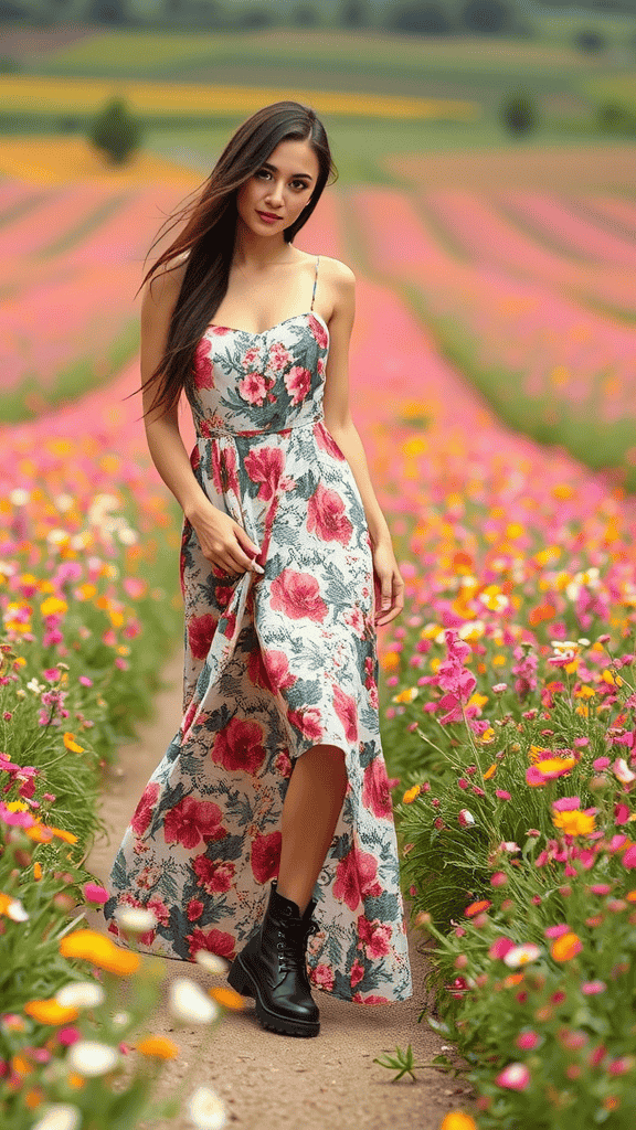 A woman wearing a floral maxi dress and black combat boots walking in a vibrant flower field.