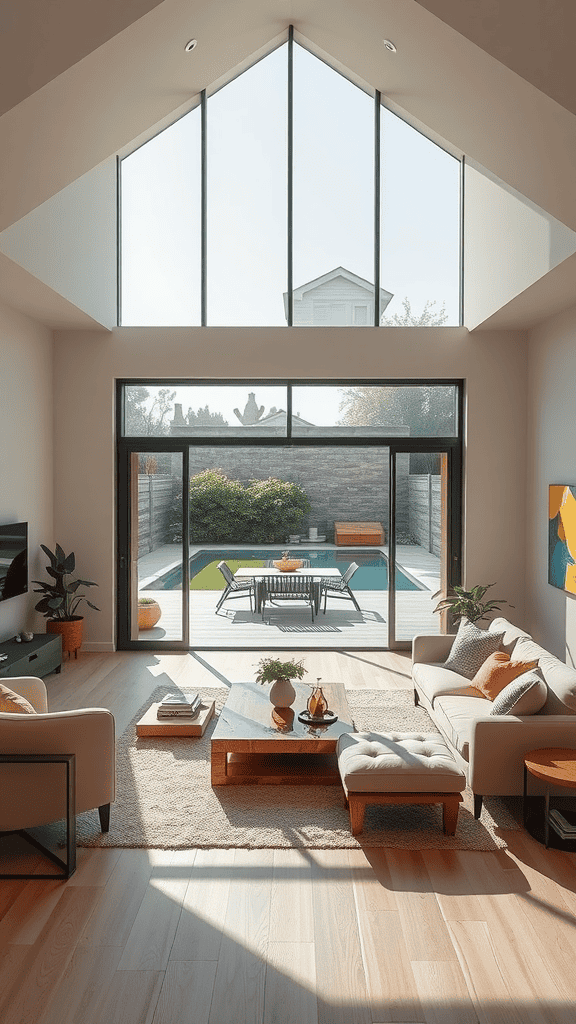 A bright and airy living room with large glass doors opening to an outdoor patio.