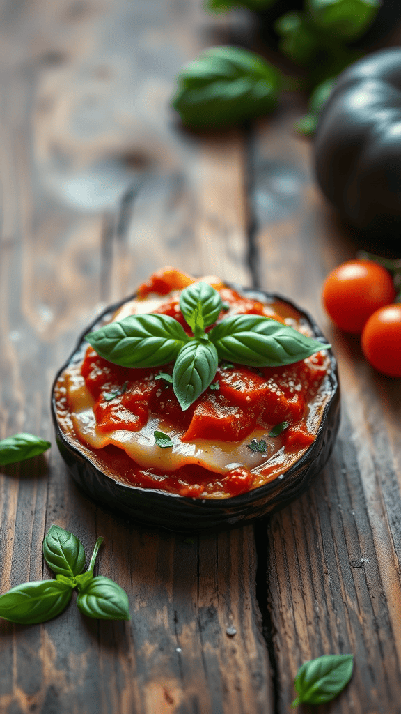 Eggplant Parmesan with fresh basil garnish