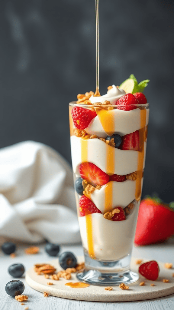 A fruit and yogurt parfait with layers of yogurt, strawberries, blueberries, and granola in a tall glass.