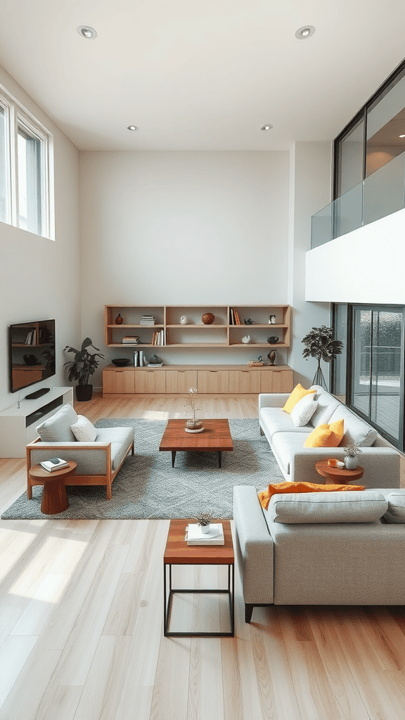 Modern living room with open space design, featuring light wood flooring, cozy furniture, and large windows.