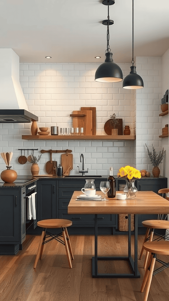 A modern kitchen featuring black cabinetry, wooden shelves, and a cozy dining area with a table and chairs.