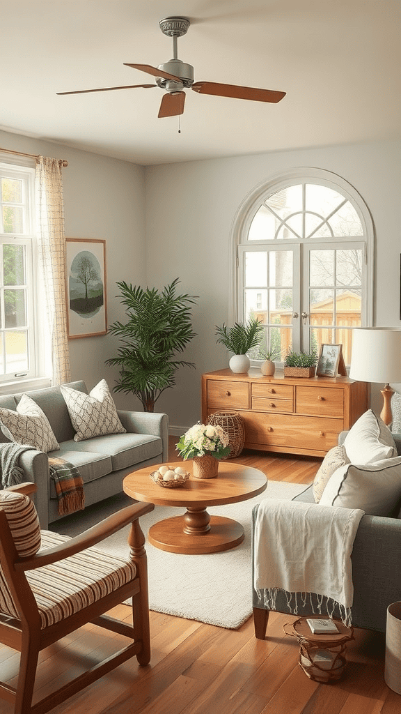 A cozy living room with light colors, comfortable furniture, and plants, designed for aging in place.