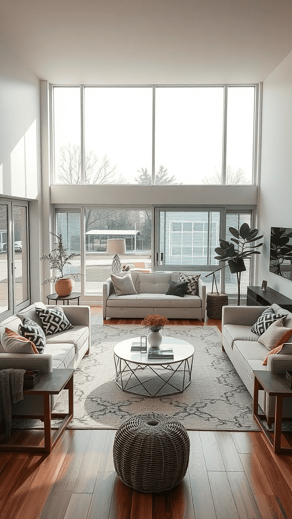 A bright living room with large windows, two sofas, a round coffee table, and plants, designed for comfort and functionality.