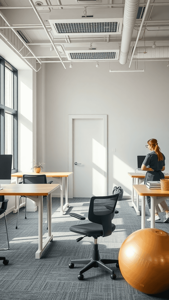A bright office space with adjustable desks, chairs, and a stability ball promoting movement.