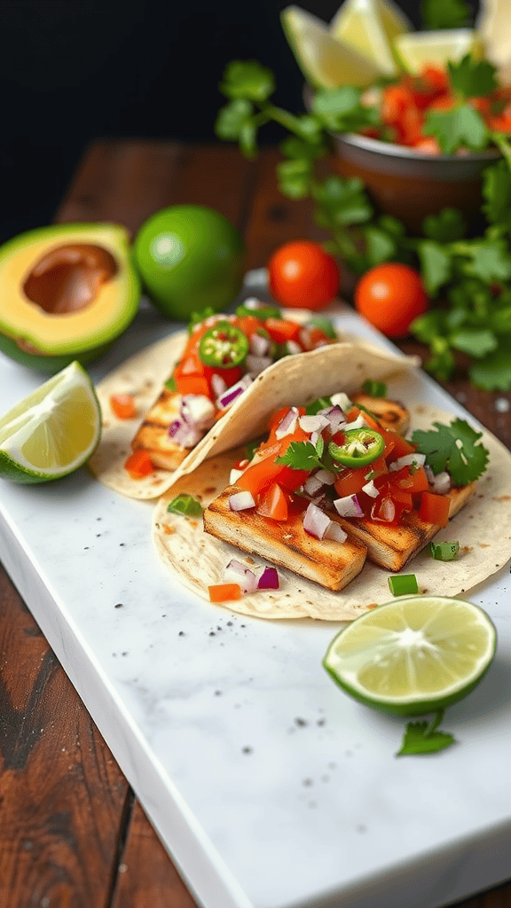 Veggie tacos with grilled tofu and fresh salsa on a marble serving board