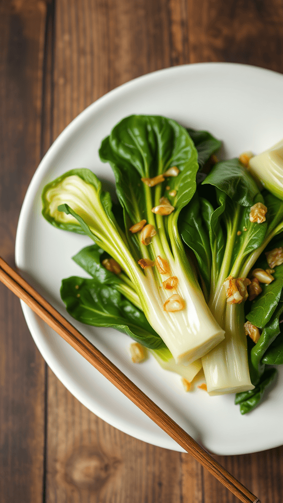Garlic and Ginger Bok Choy on a plate with chopsticks
