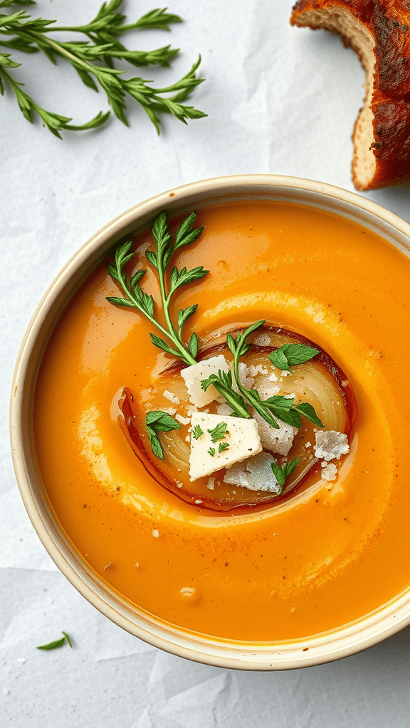 A vibrant bowl of French onion soup garnished with herbs and cheese, with crusty bread on the side.
