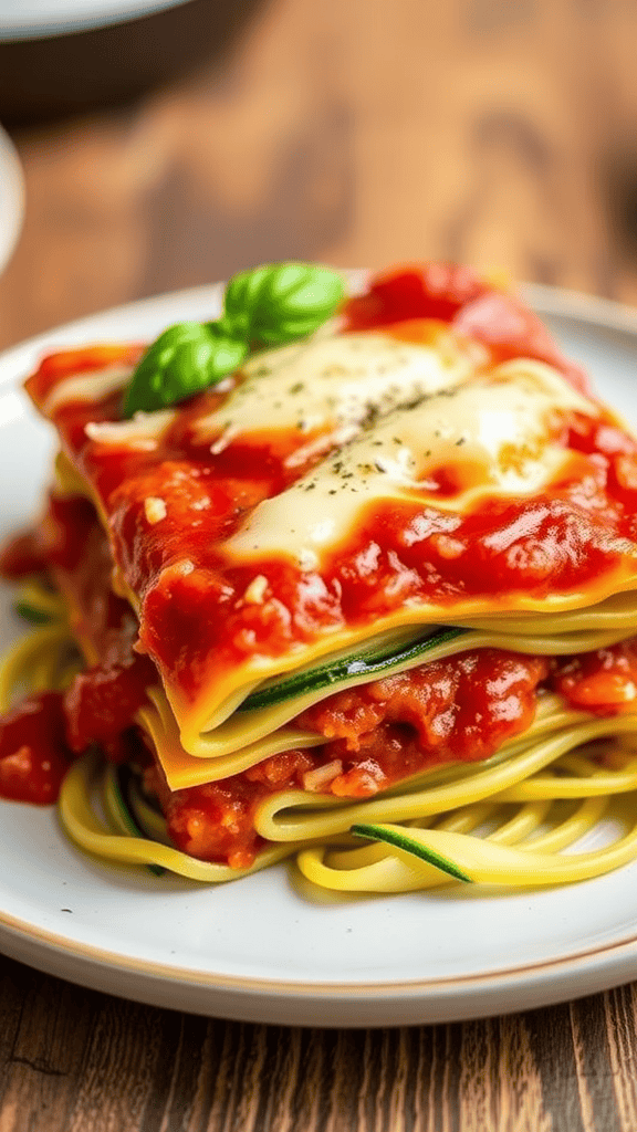 Delicious gluten-free lasagna made with zucchini noodles, topped with fresh basil.