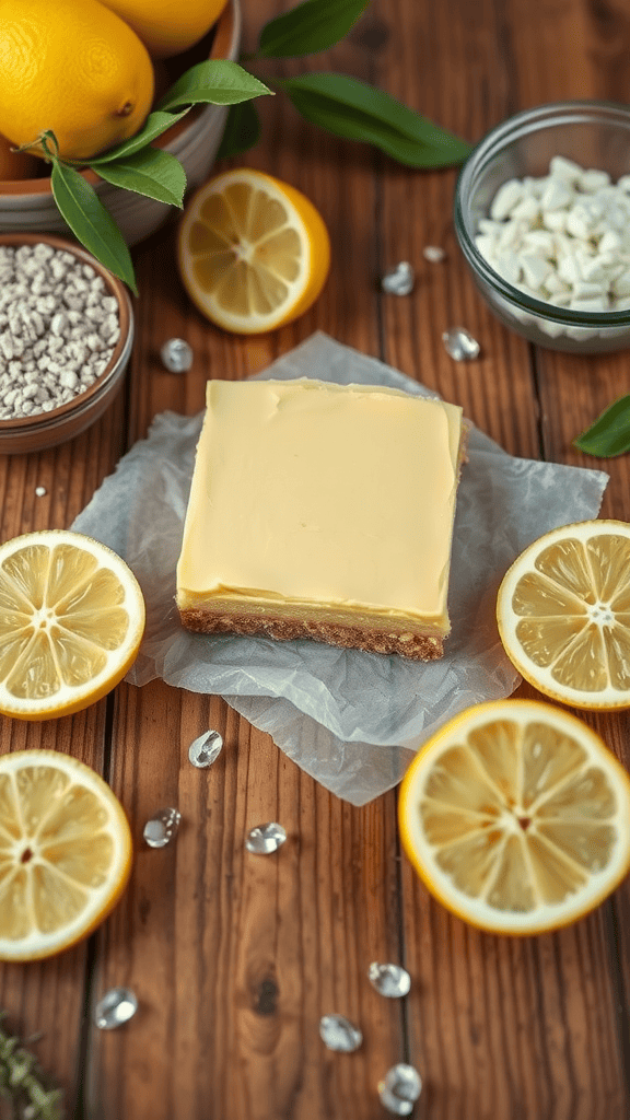 A delicious slice of lemon bar on parchment paper, surrounded by fresh lemon slices and ingredients.