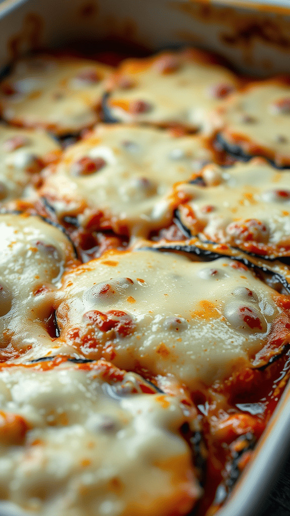 A close-up of golden brown melted cheese over layers of eggplant and marinara sauce.