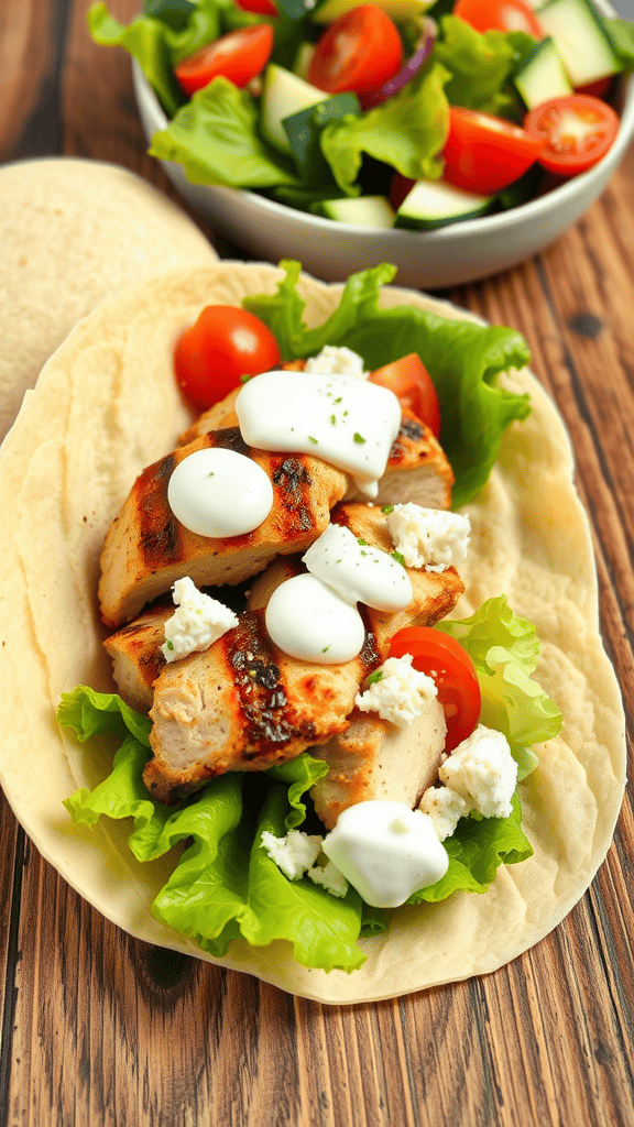 A delicious Greek chicken wrap filled with grilled chicken, fresh vegetables, and a drizzle of yogurt sauce.