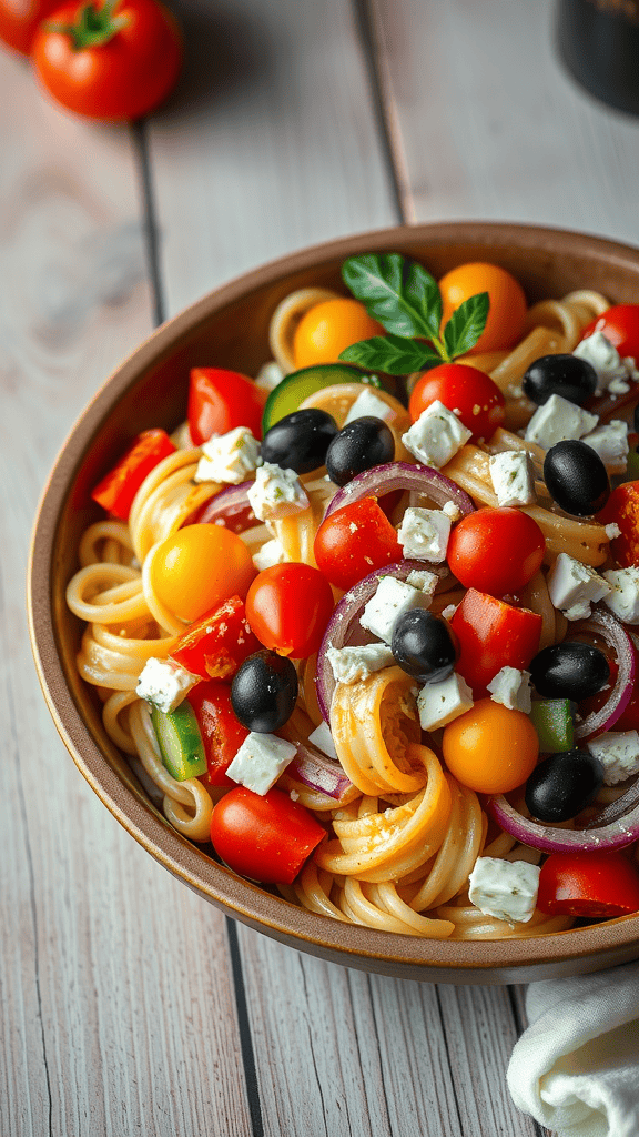 A colorful bowl of Greek Pasta Salad with cherry tomatoes, olives, cucumbers, and feta cheese.