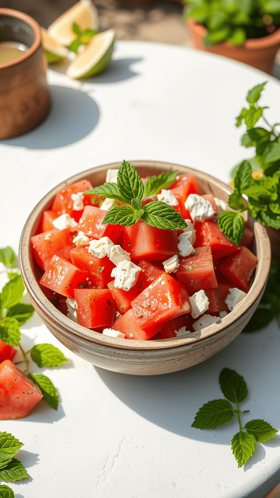 A bowl of Greek Watermelon & Feta Salad garnished with mint leaves.