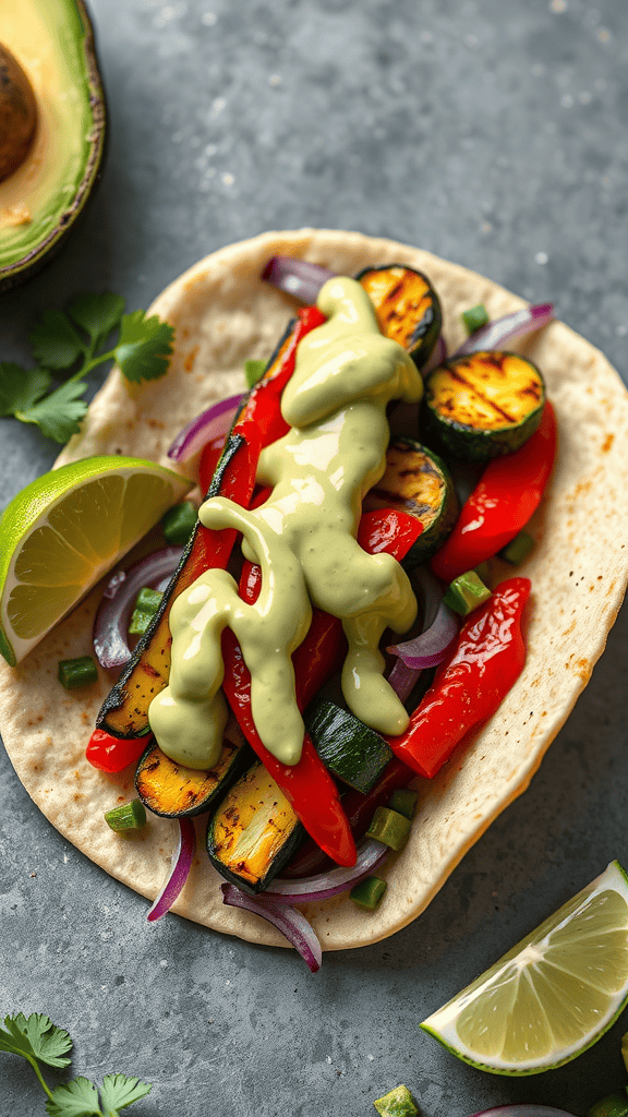 Grilled vegetable tacos with avocado crema, garnished with lime and cilantro.