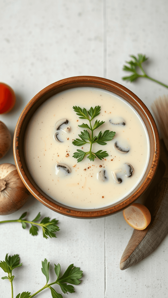 A bowl of creamy mushroom soup garnished with fresh parsley, surrounded by mushrooms and herbs.