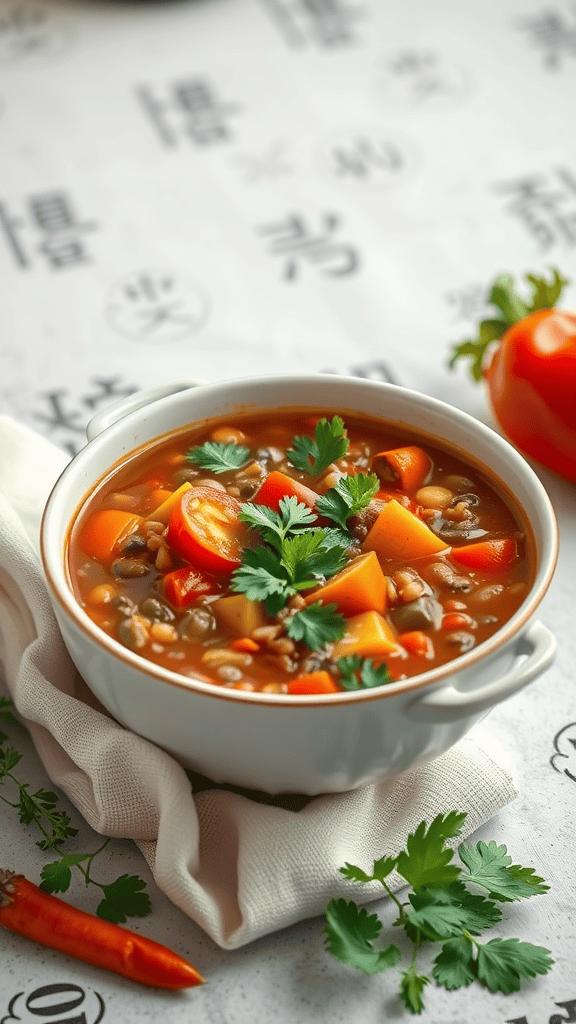 A bowl of hearty vegetable lentil soup with colorful vegetables.