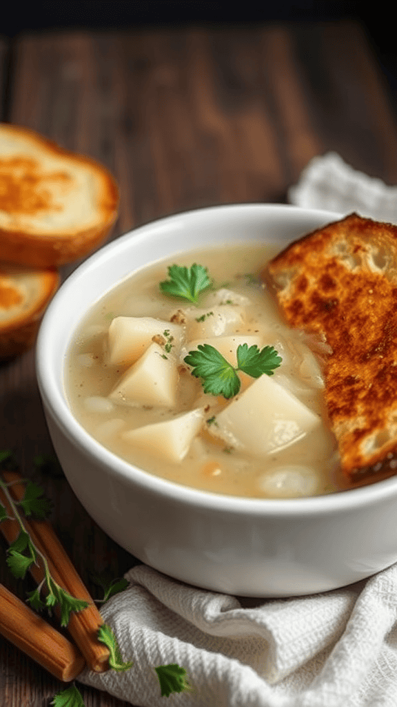 A bowl of herbed potato and onion soup with a piece of toasted bread on the side.