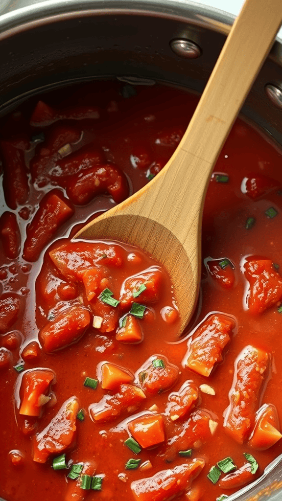 A pot of homemade marinara sauce with fresh ingredients