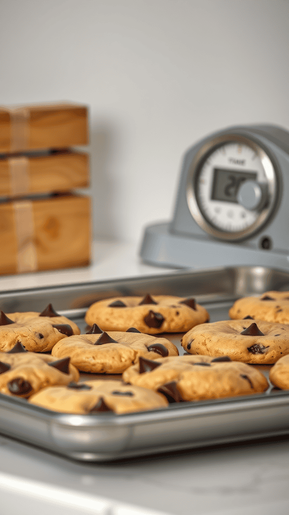 A tray of freshly baked chocolate chip cookies