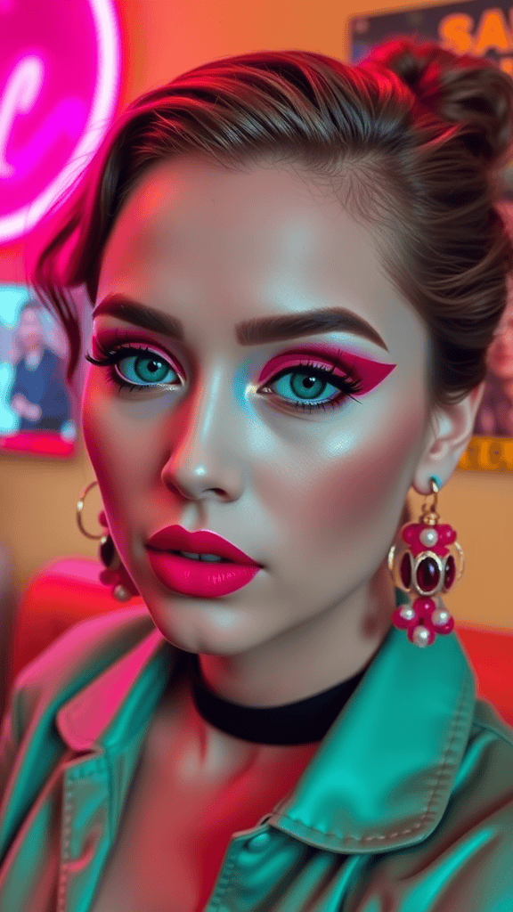 A model showcasing vibrant 90s-inspired makeup with bold eyeliner and bright lipstick.