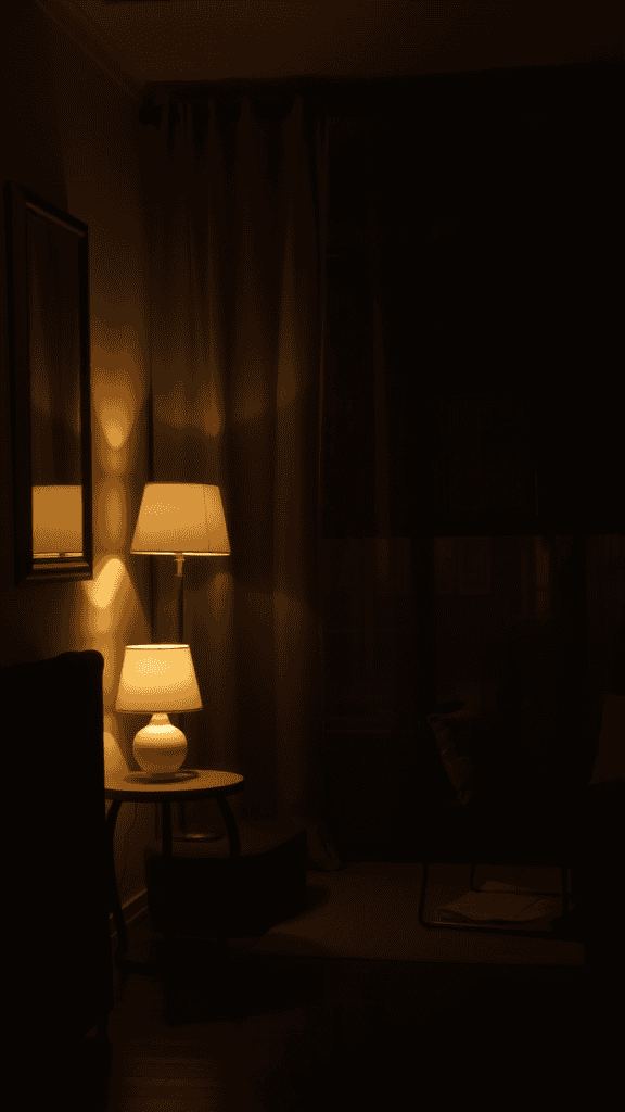 A softly lit lamp in a dark room, casting a warm glow.