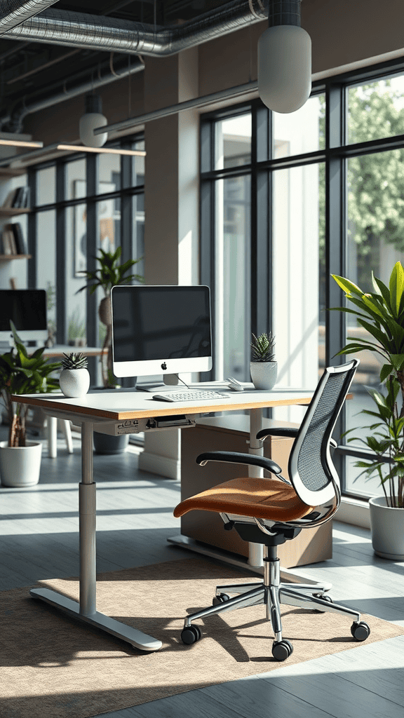 A modern office with an adjustable desk and ergonomic chair.