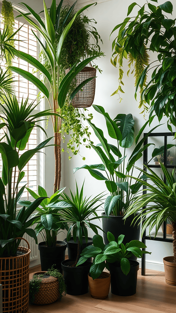 A cozy room filled with various indoor plants, showcasing lush greenery and natural light.