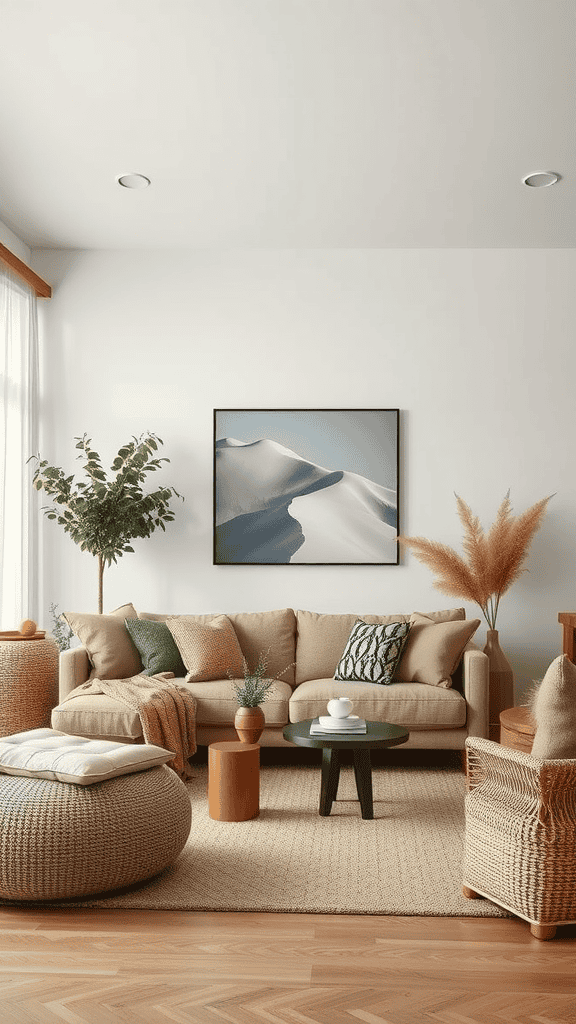 Cozy living room with natural colors, featuring a beige couch, plants, and earthy accessories.