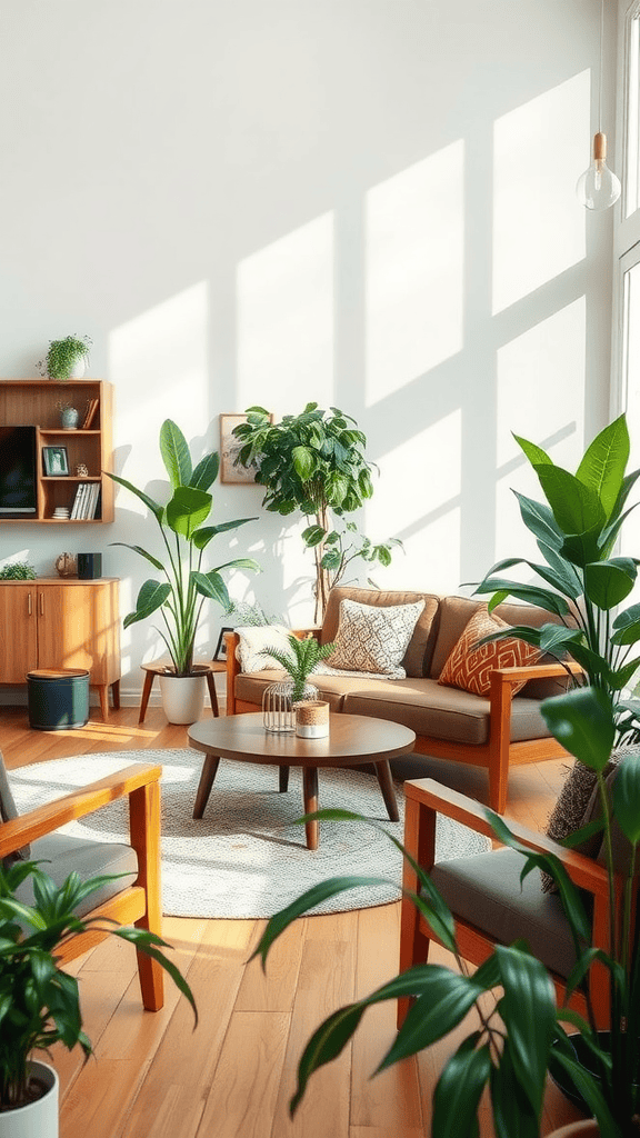 A modern living room with plants, wooden furniture, and natural light.