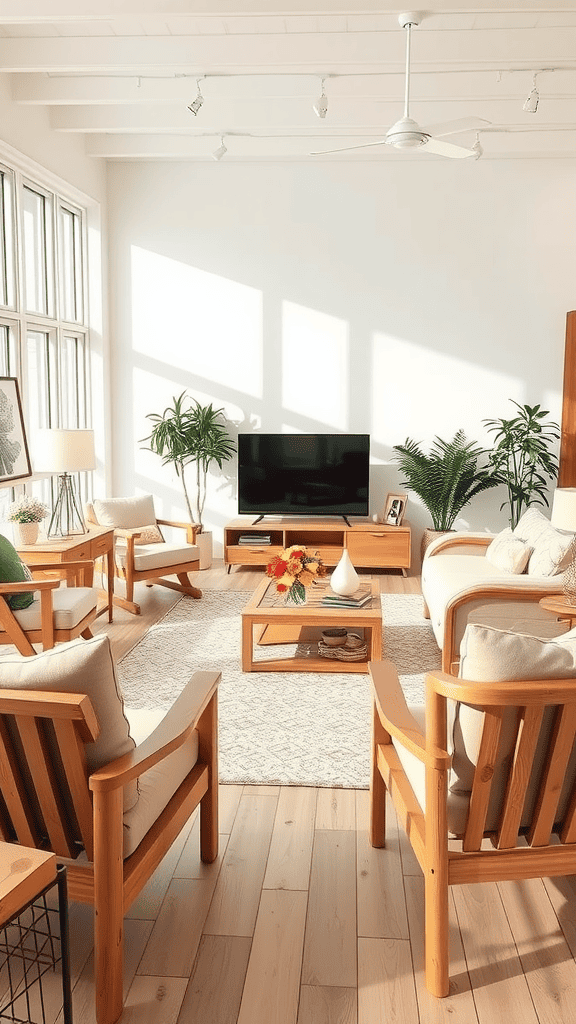 Bright living room with wooden furniture and plants
