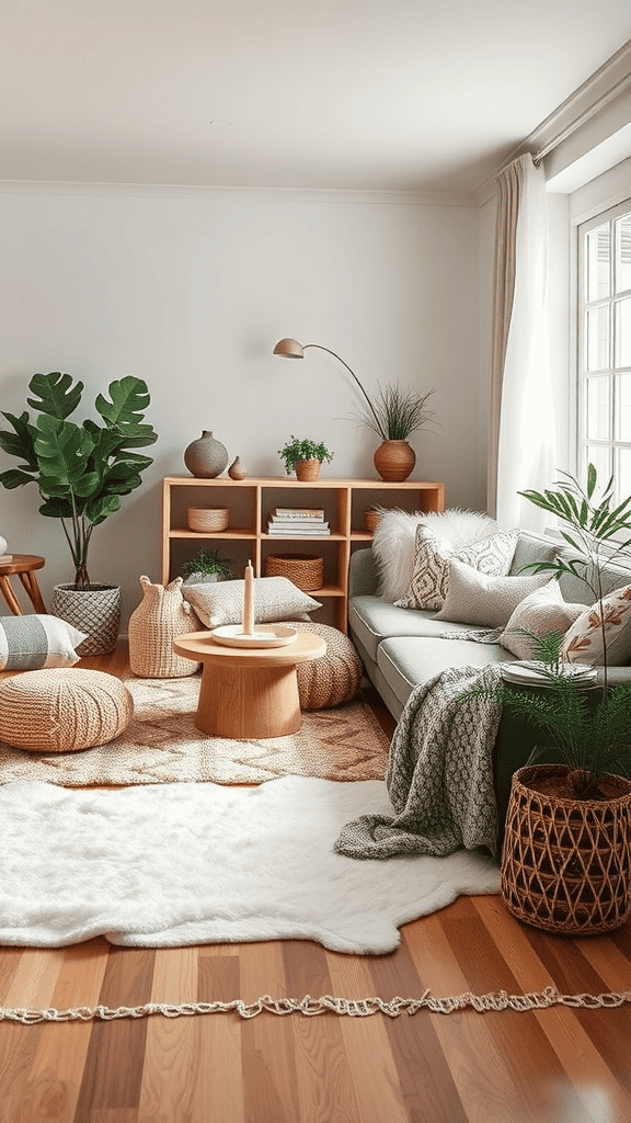 Cozy living room with soft furnishings, plants, and warm lighting