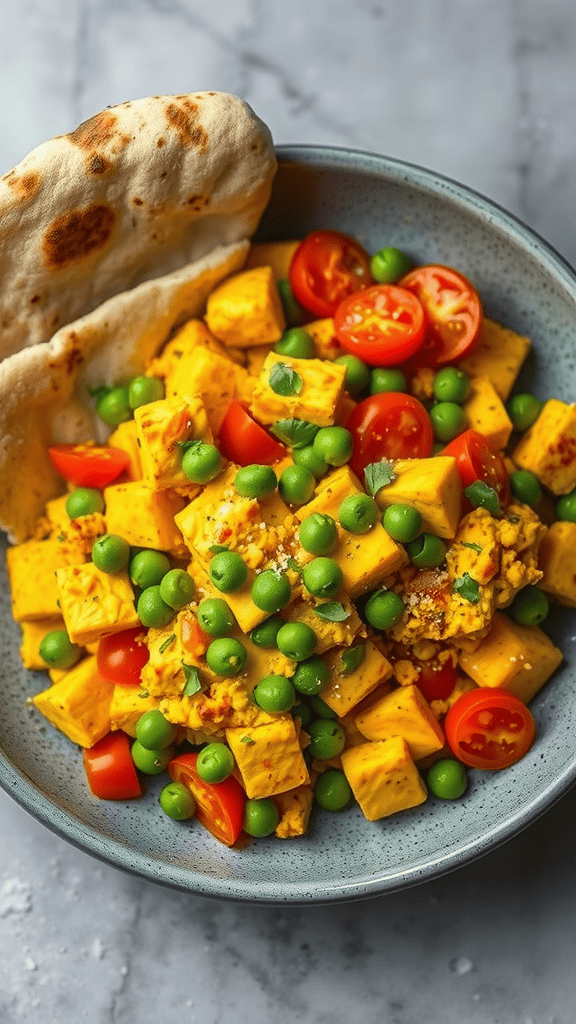A colorful dish of Indian-inspired tofu scramble with peas and cherry tomatoes, served with naan.