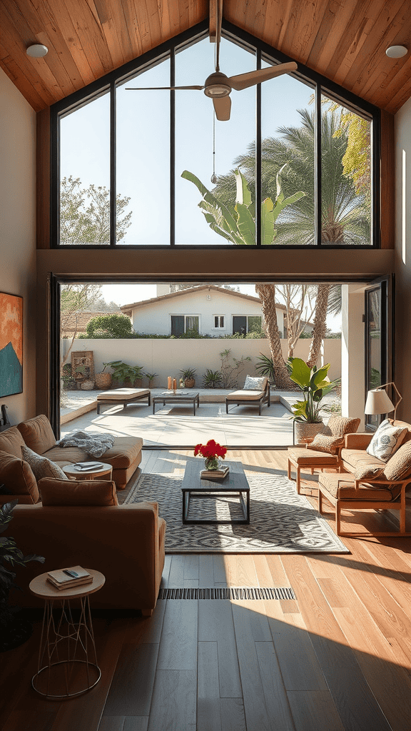 A stylish living room with large glass doors opening to an outdoor patio, featuring warm wood accents, cozy furniture, and plants.