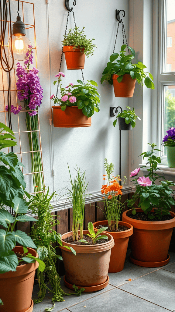 A bright indoor gardening space with hanging and potted plants.
