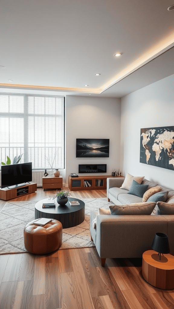 A modern living room featuring a comfortable sofa, a round coffee table, and a TV setup.