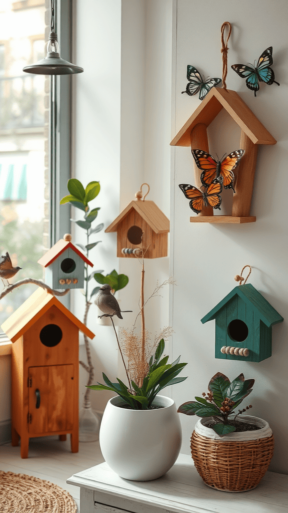 A cozy indoor space featuring colorful birdhouses, butterflies, and plants.